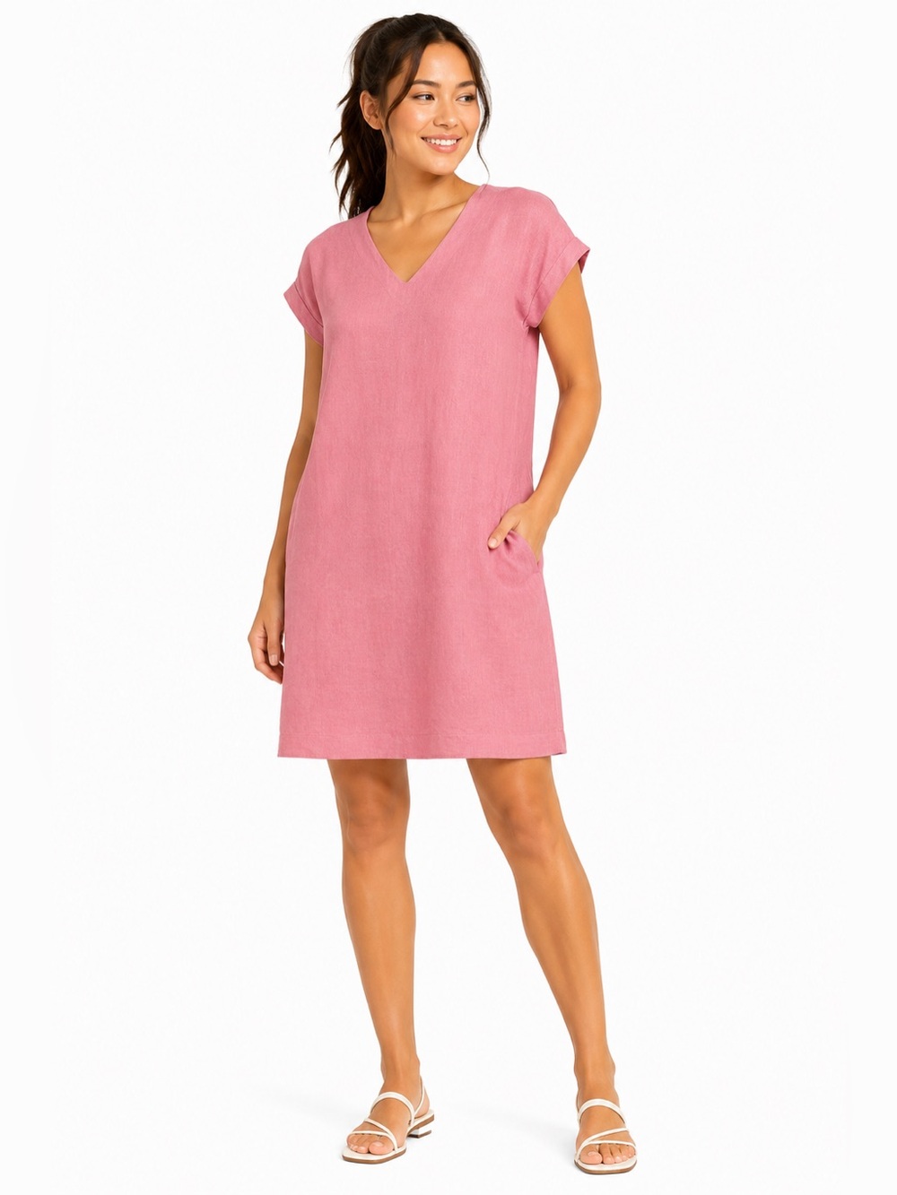 Relaxed V-Neck linen blend dress in Rose Pink